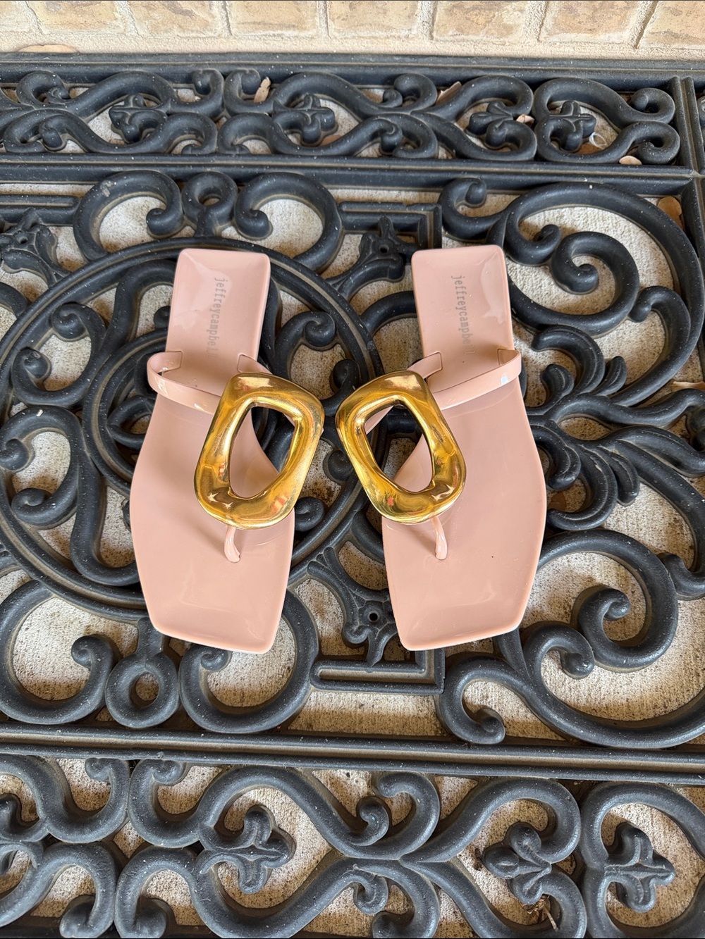 Jeffrey Campbell Linques Nude Jelly Square-Toe Thong Sandals with Gold Accent